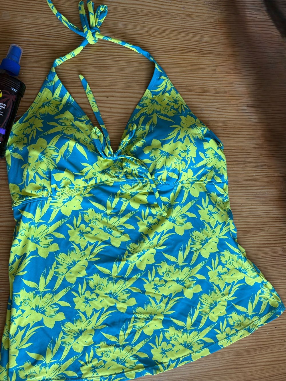 FLORES Floral Halter Tankini  in Teal and Yellow, XL, EUC